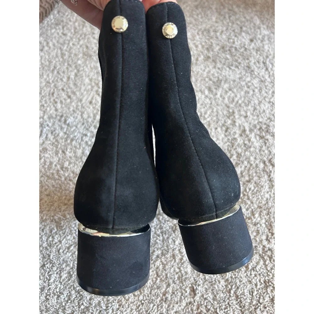 Nine West Black Suede 9x9 SZ 8/8.5 Ankle Boots Silver Trim Block Heel WNTRUNKE‎